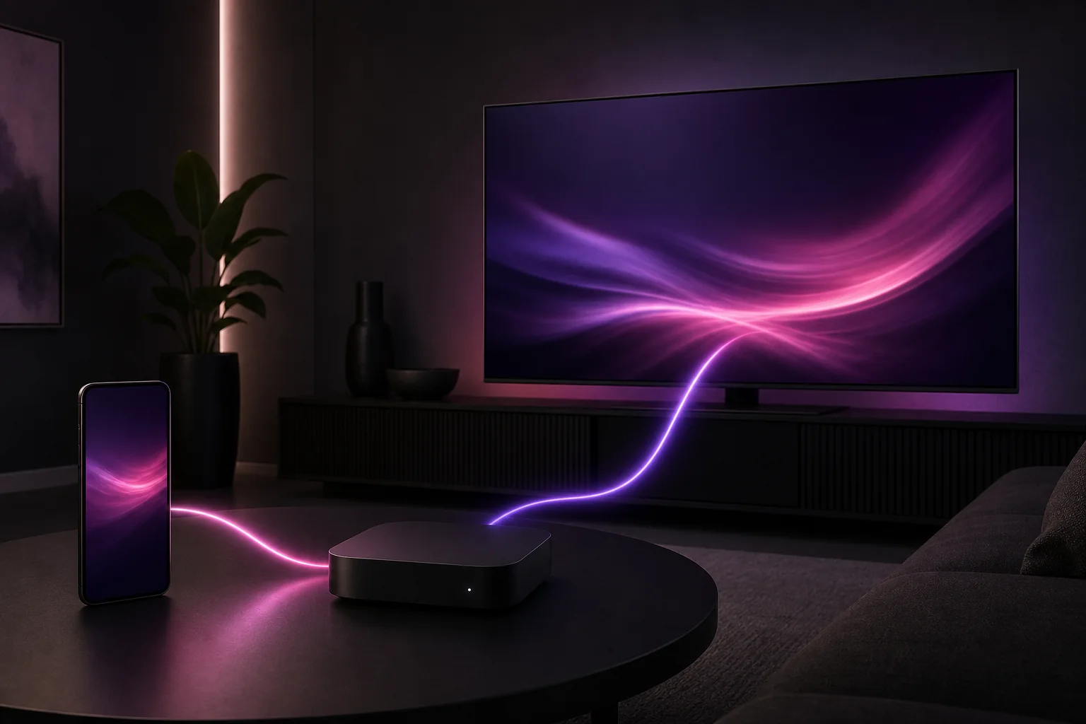 Conceptual illustration of a streaming app connecting an Android phone, TV box and television