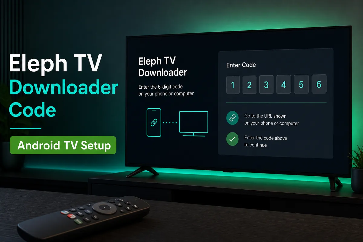 Eleph TV Downloader code setup screen on Android TV with a remote control