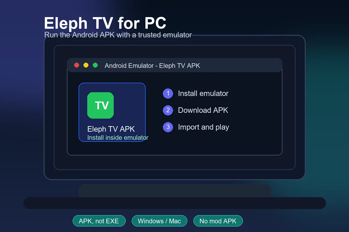 Eleph TV for PC emulator installation guide on a laptop screen