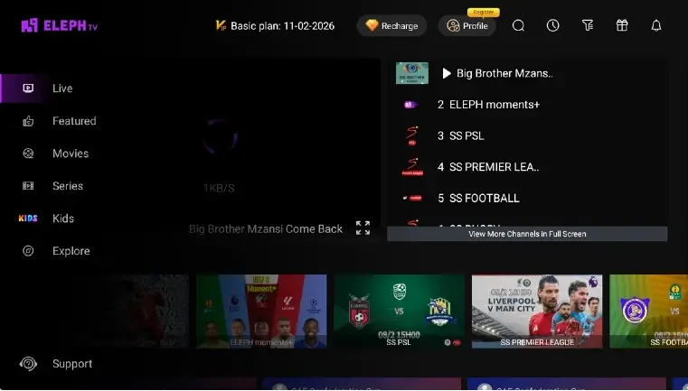 Eleph TV APK content categories and navigation